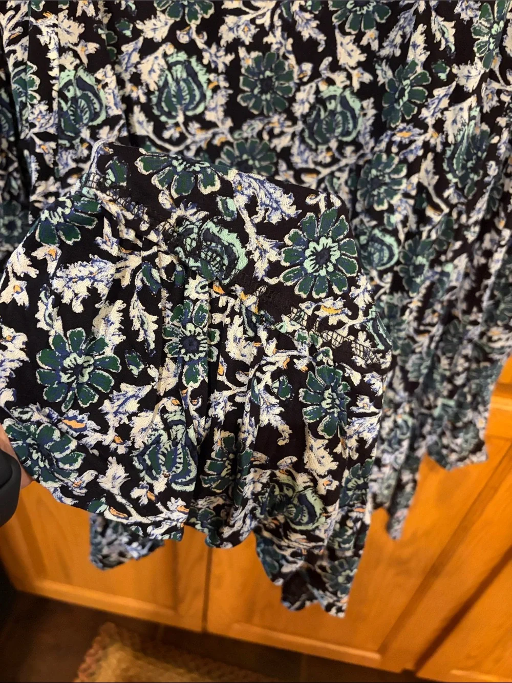 Free People Black Floral V-Neck Long Sleeve Tunic with Teal Accents